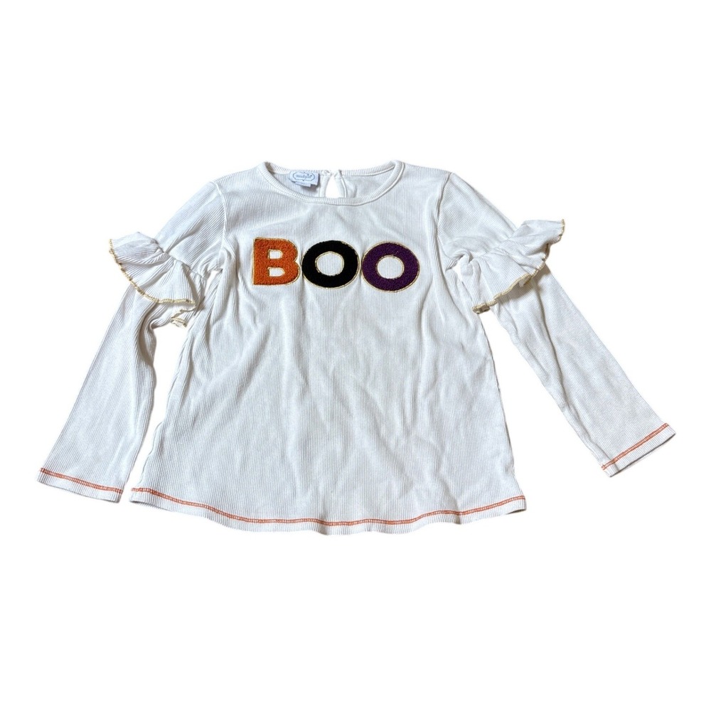 Mud Pie Halloween Top Kids White Ribbed Boo Chenille Ruffle SIZE 5T